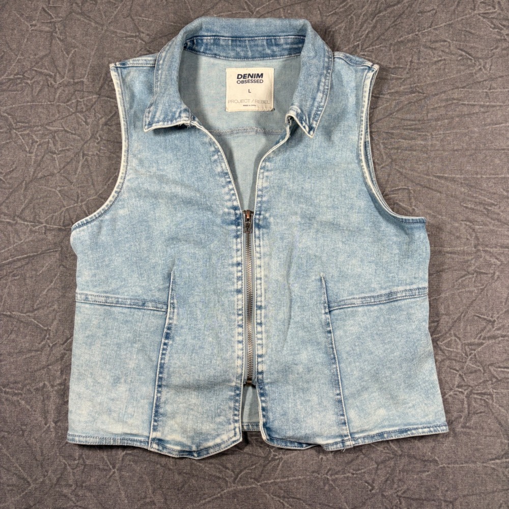 Denim Obsessed Vest Womens L Blue Project Rebel Acid Wash Full Zip Sleeveless
